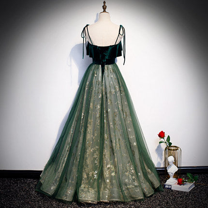 A line Spaghetti Straps Green Sequin Lace Prom Dresses SH057