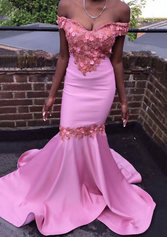 Mermaid Off-the-Shoulder Court Train Satin Prom Dress With Applique  SH831