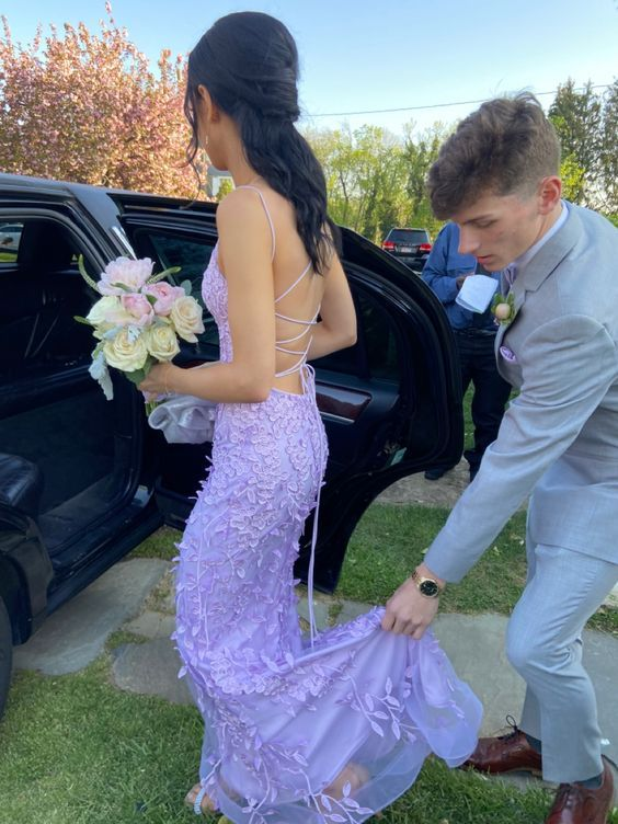 Purple Tulle Lace Appliques Mermaid Prom Dress Backless Long Evening Dress SH1083