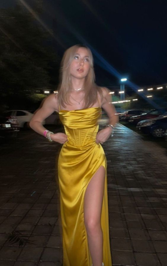 Yellow Satin Spaghetti Straps  Slit Prom Dress Evening Dress SH1121