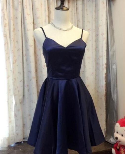 Navy Blue Satin A Line Short Homecoming Dress SH1396