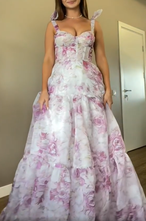 Cute Chiffon Floral Print Prom Dress Senior  Evening Gown SH1007