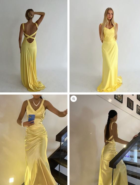 Sexy V Neck Backless Prom Dress Yellow Evening Dress SH1387