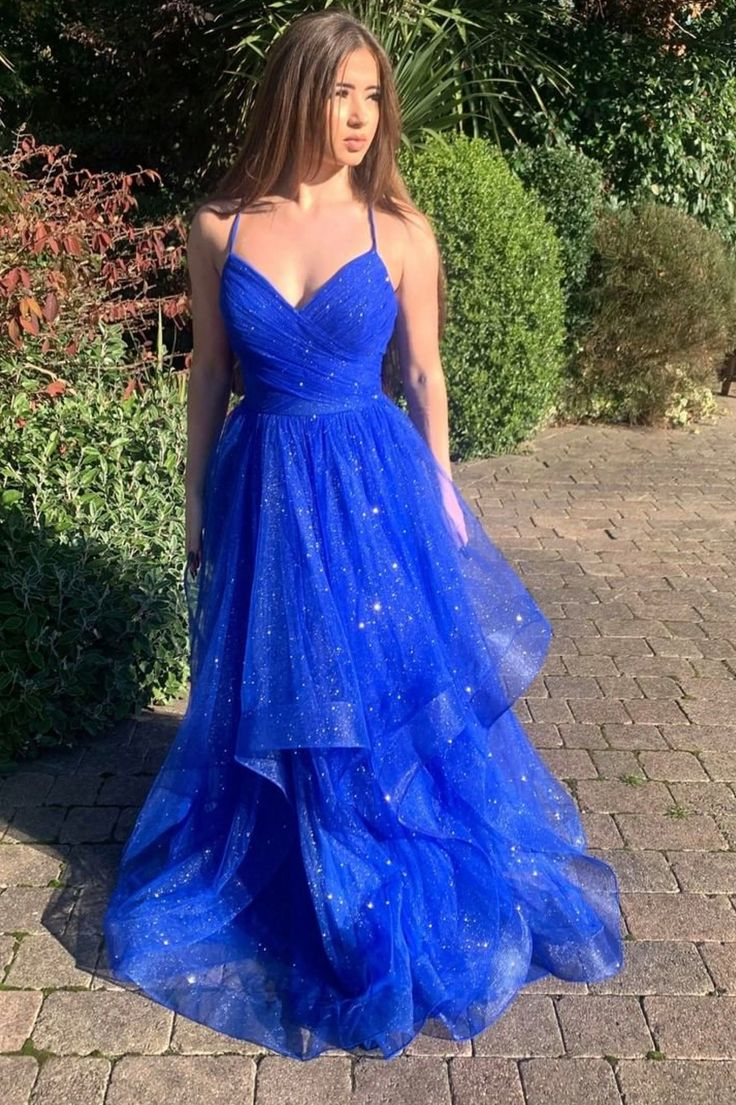 Royal Blue Tulle Long Prom Dress Spaghetti Straps Evening Dress SH947