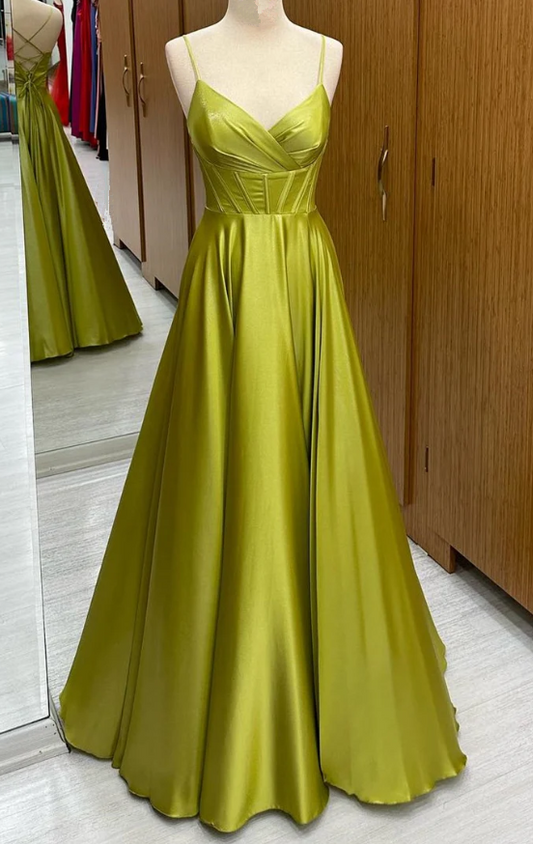 Olive Green Corset Satin Lace-Up A-Line Prom Dress Formal Party Evening Dress SH1532