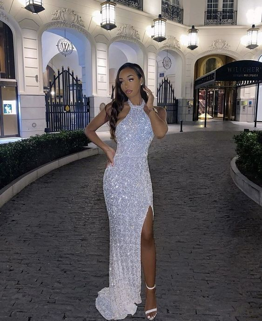 Sexy Halter White Sequin Mermaid Slit Prom Dress Black Girl Evening Dress SH940