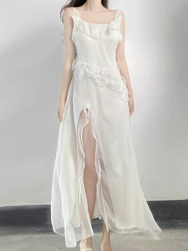 Sexy White Chiffon Long Prom Dress Slit Evening Dress SH1402