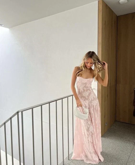 Spaghetti Straps Pink See-through A Line Long Prom Dress SH1197