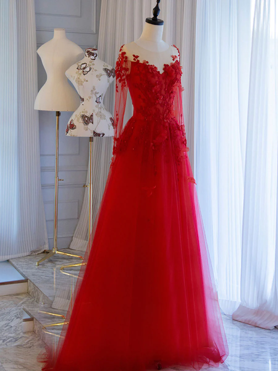 Pretty Tulle Long Prom Dress With Applique,Red Party Dress Formal Evening Dress SH842