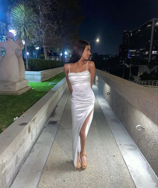 Simple White Satin Slit Prom Dress Long Party Dress SH943