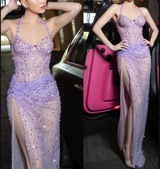 Sexy Purple Sequin High Slit Prom Dress Evening Dress SH1359