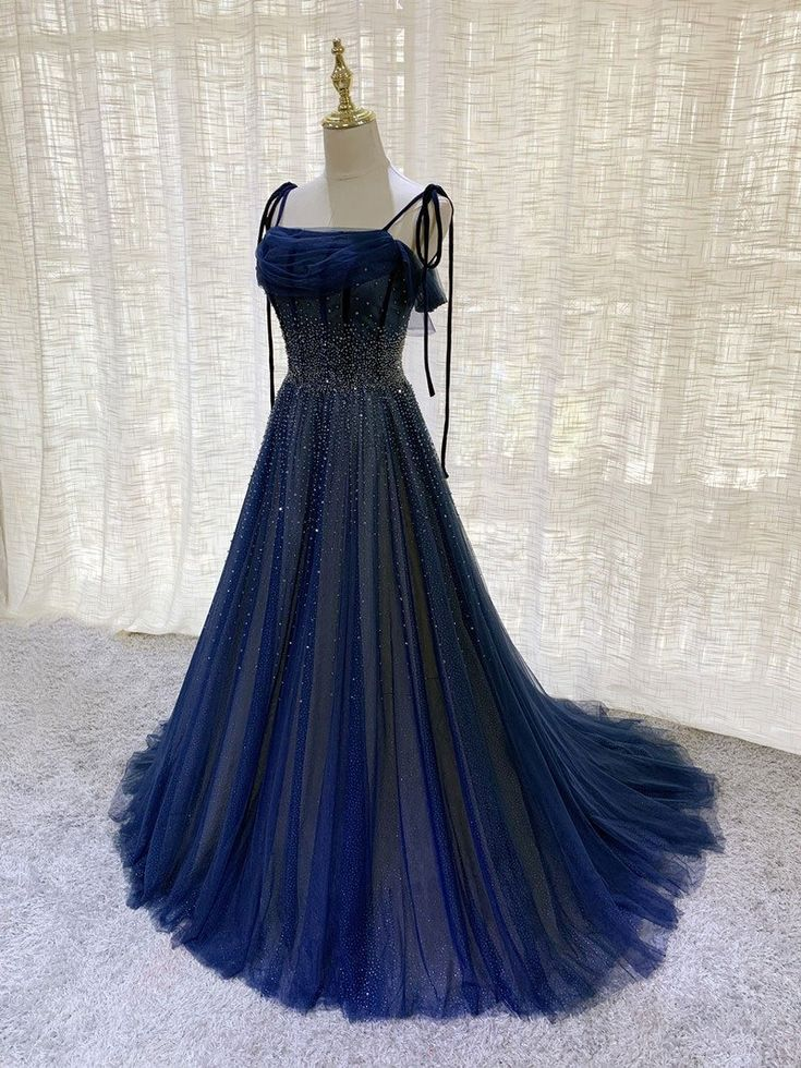 Navy Blue Tulle Beaded Long Prom Dress Evening Dress SH909