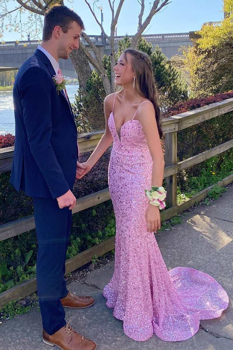 Pink Sequin Plunge V Mermaid Long Prom Dress SH654