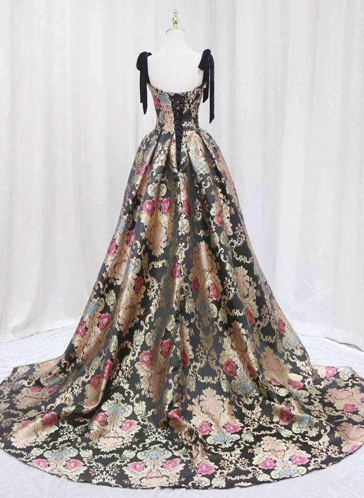 Vintage Satin Straps Floral Long Formal Evening Long Dress Prom Dress SH1158