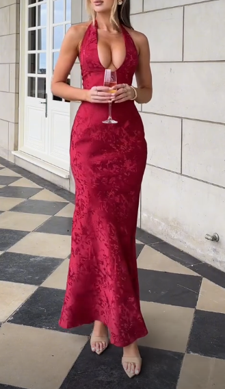 Chic Deep V Neck Mermaid Print Prom Dress Burgundy Evening Dress SH1552