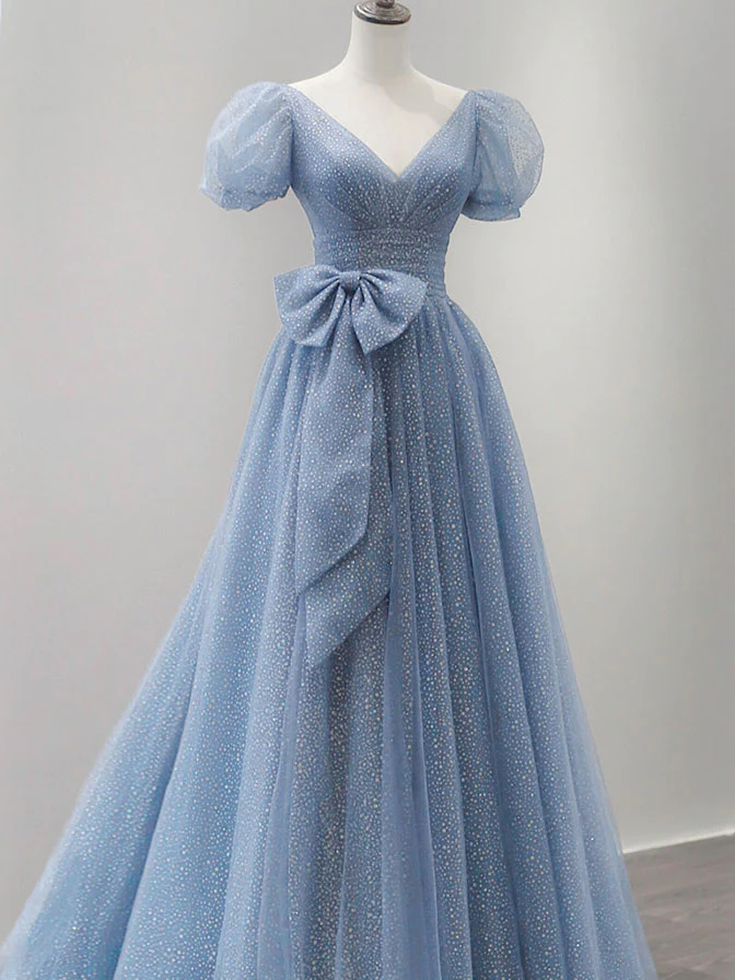 Cute V Neck Tulle Long Prom Dress, Blue Sweet 16 Formal Dress With Bow Knot SH855