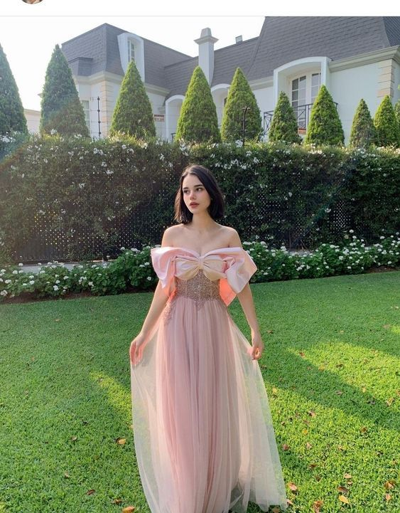 Pink Off The Shoulder Prom Dress Fairy Evening Dress SH1095