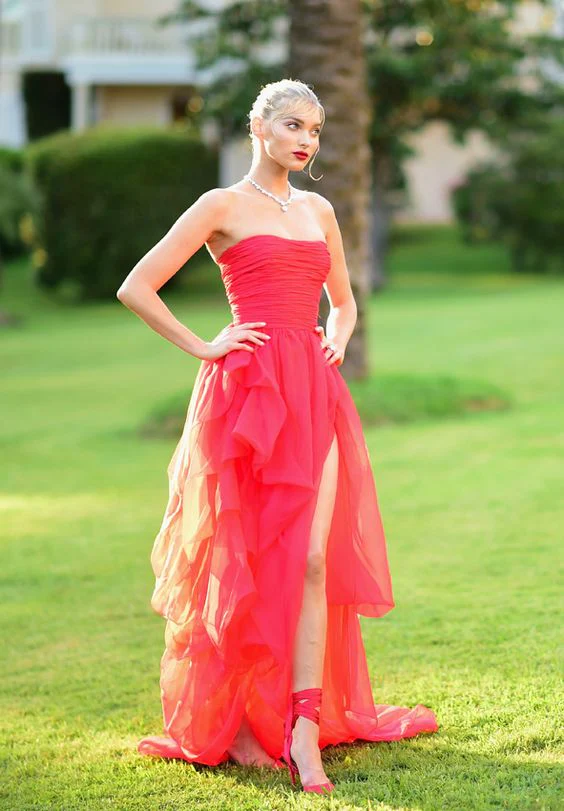Sexy Red Slit Long Prom Dress Strapless Evening Dress SH606