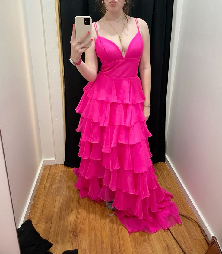 Sexy Hot Pink Layered A Line Evening Dress Chiffon Long Prom Dress SH1558