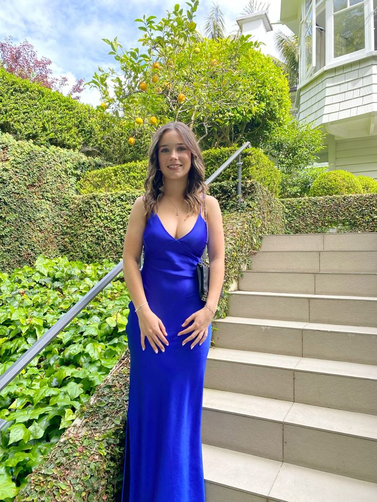 V Neck Blue Satin Long Prom Dress  SH1106