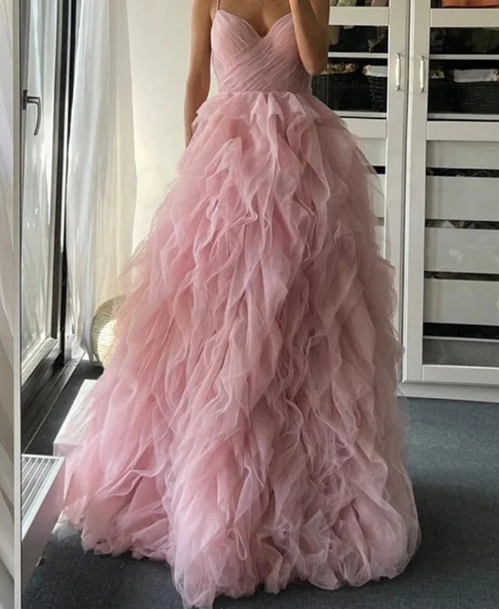 Pink Tulle Ruffles A Line Prom Dress Spaghetti Straps Formal Evening Dress SH1453