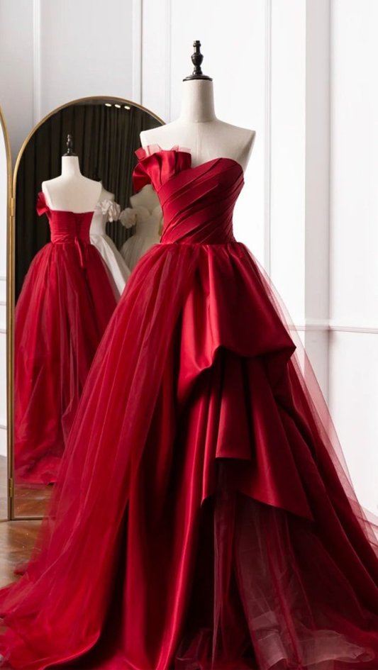 Fashion Tulle Satin Long Evening Dress Red Prom Dress SH1043