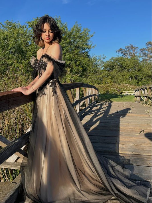 Off The Shoulder Tulle Applique Long Prom Dress SH926