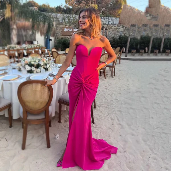 Sexy Hot Pink Mermaid Slit Pleated Long Party Prom Dress Evening Dress SH1480