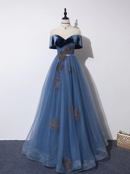 Off Shoulder Tulle Gray Blue Long Prom Dress, Blue Formal Dress SH838