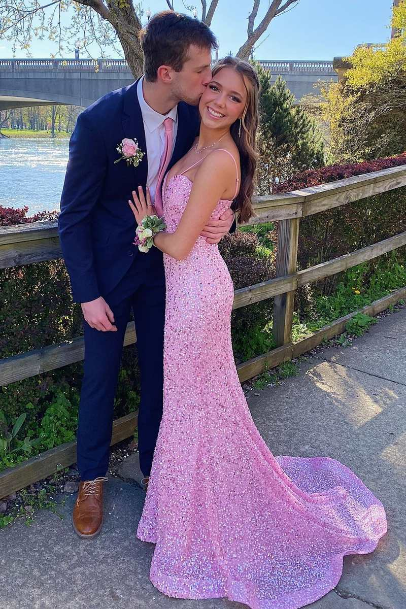 Pink Sequin Plunge V Mermaid Long Prom Dress SH654