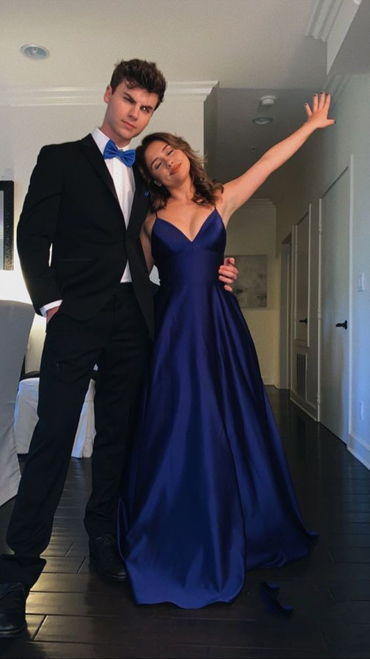 Navy Blue Satin Long Prom Dresses SH893