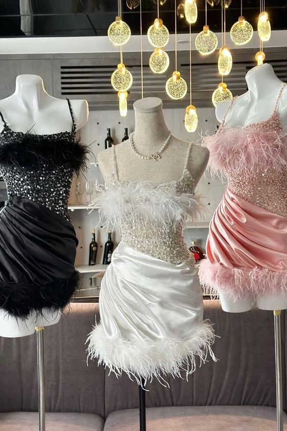 Glitter Sequins Spaghetti Straps Homecoming Dresses With Feather  SH1334