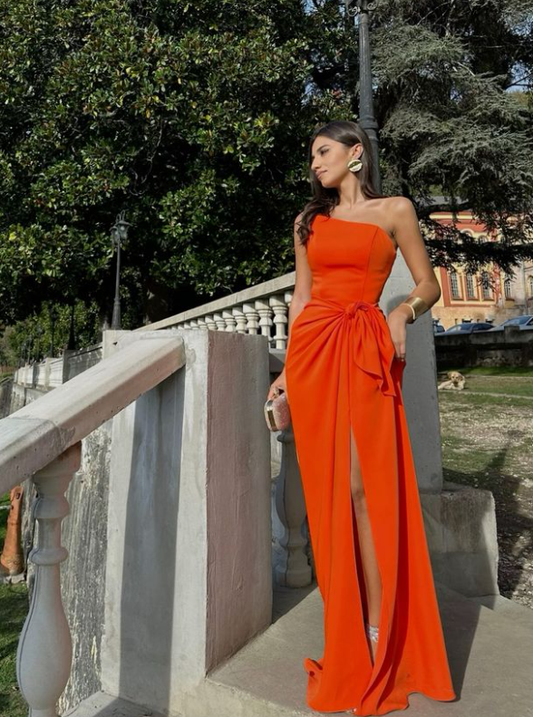 Orange One Shoulder Long Slit Evening Dress Formal Prom Dress SH1545