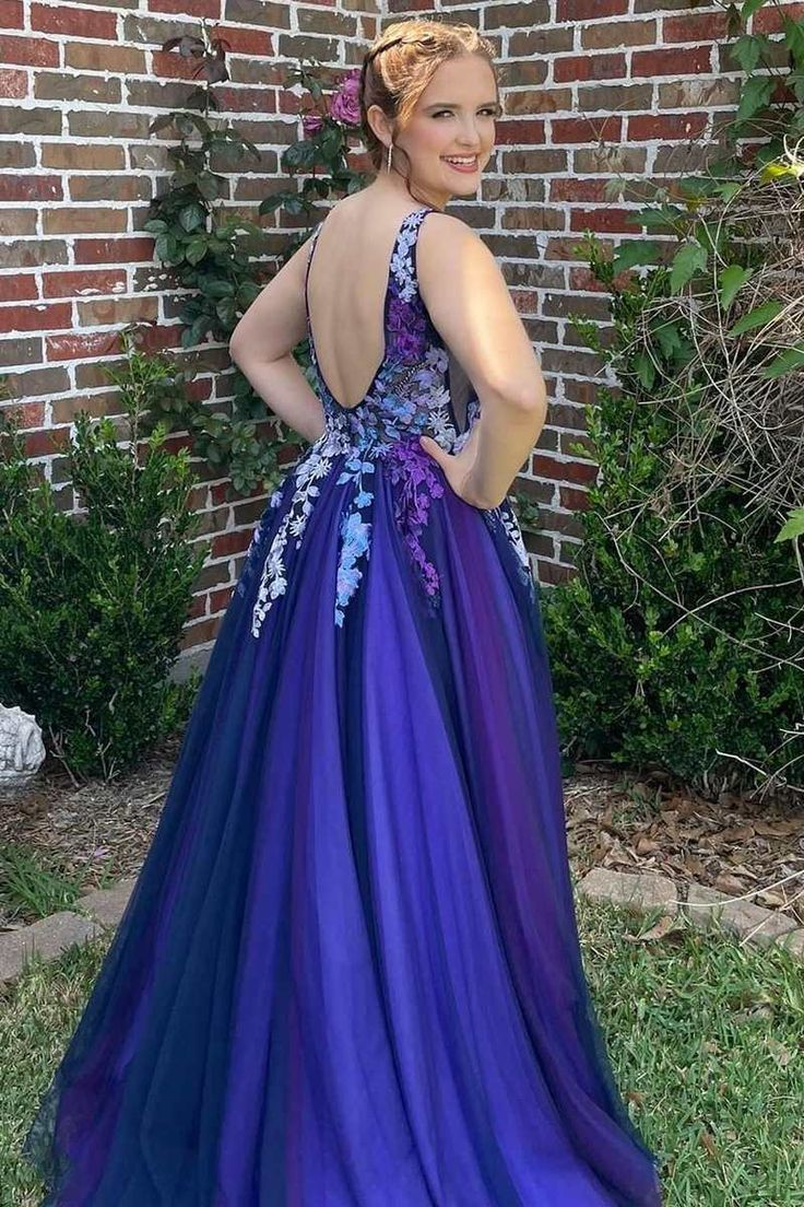 Ombre purple Tulle Appliques A Line Prom Dress Long Evening Dress SH990