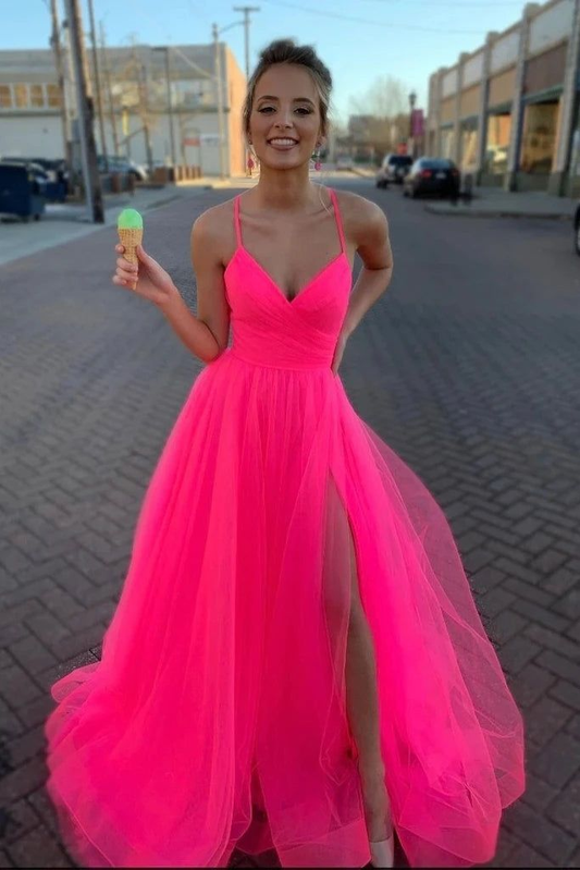 Modest Tulle V Neck Spaghetti Straps Hot Pink Long Prom Dresses With Slit  SH824