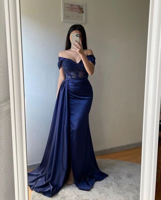 Off The Shoulder Navy Blue Satin Prom Dress  SH927