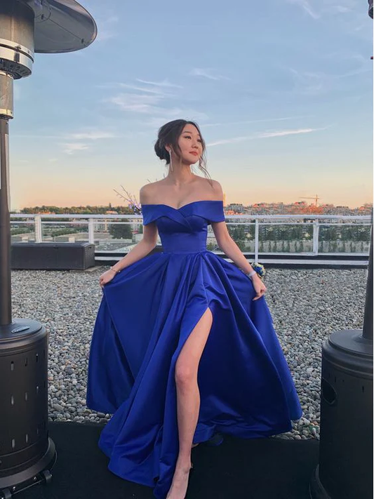 Off The Shoulder Royal Blue Slit Prom Dress SH661