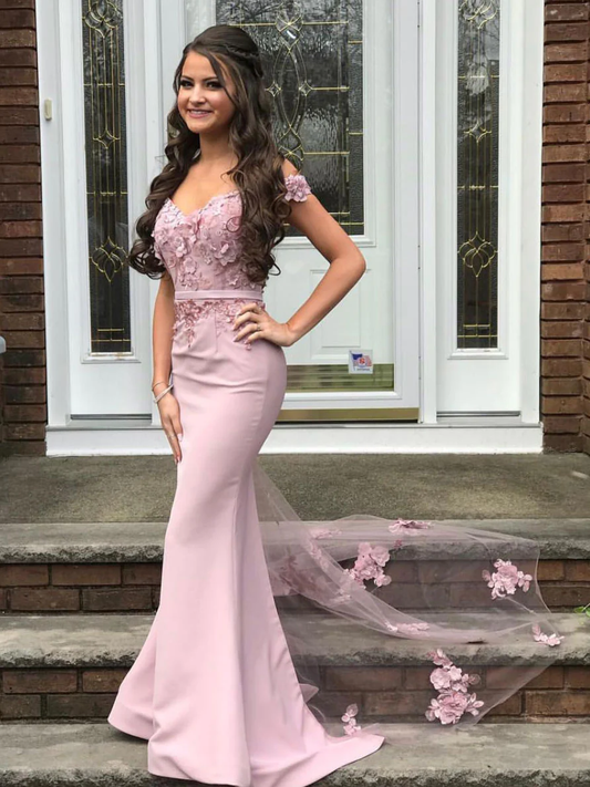 Pink Off The Shoulder Sweetheart Long Mermaid Prom Dress Elegant Party Dress SH706