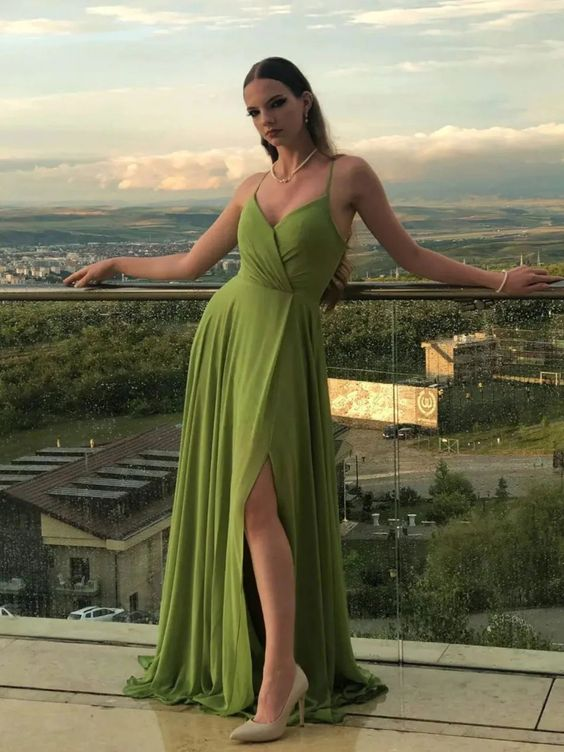 Simple Green Chiffon Long Prom Dress,A Line Evening Dress SH1546