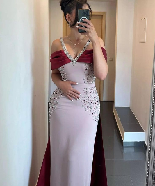 Elegant V Neck Satin Beaded Long Prom Dress Formal Evening Dress SH936