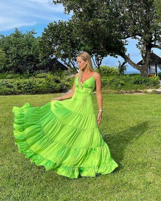 Unique V Neck Ruffles Long Prom Dress SH750