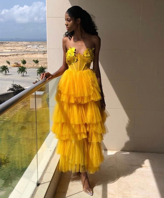 Unique Yellow Strapless  Layered Tulle Long Prom Dress  SH722