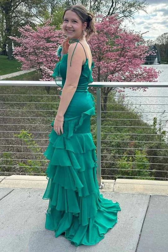 Green V-Neck Satin Chiffon Ruffle Long Prom Dress Mermaid Slit Evening Dress  SH1530