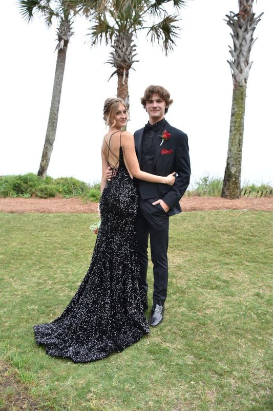 Spaghetti Straps V Neck Black Sequin Evening Dress Slit Backless Prom Dress SH1088