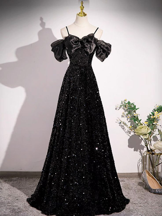 Black Off Shoulder Sequin Long Prom Dress Evening Dress With Bow Knot SH1047