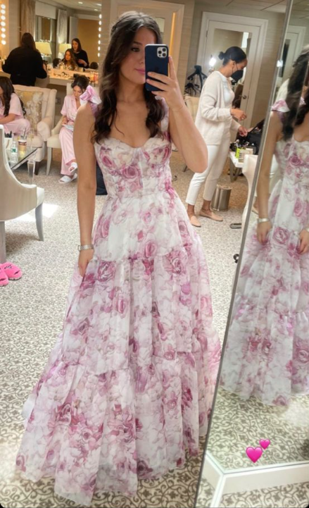 Cute Chiffon Floral Print Prom Dress Senior  Evening Gown SH1007