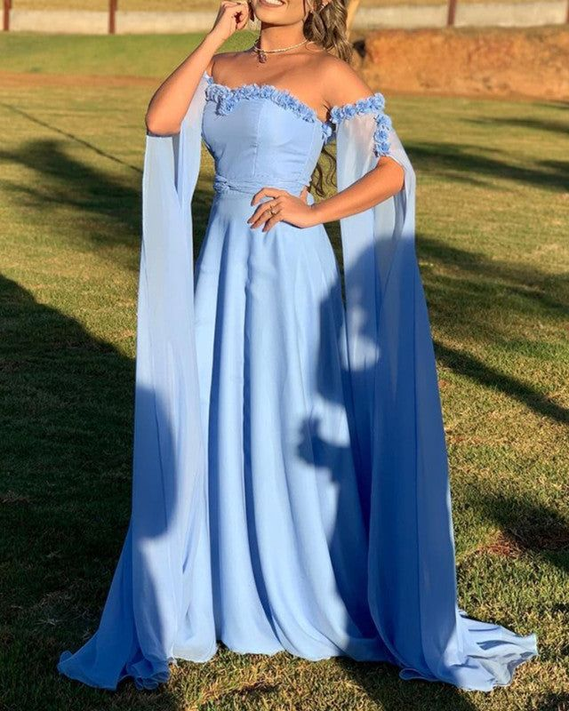 Elegant Blue Chiffon Applique Prom Dress Long Evening Dress SH1013