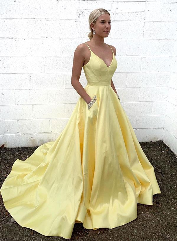 Yellow Satin V Neck Spaghetti Straps Long Senior Prom Dress With Pocket KS1683