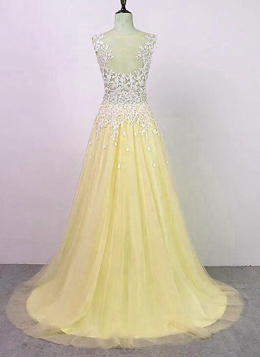 Yellow Tulle with Applique Long Party Dress, Charming Junior Prom Dress KS5990