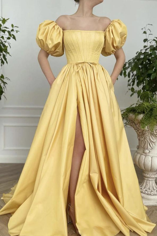 Yellow satin long A line prom dress yellow evening dress SA192